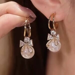 Faux Pearl & Rhinestone Studded Bow Knot Angel Earrings. NWT